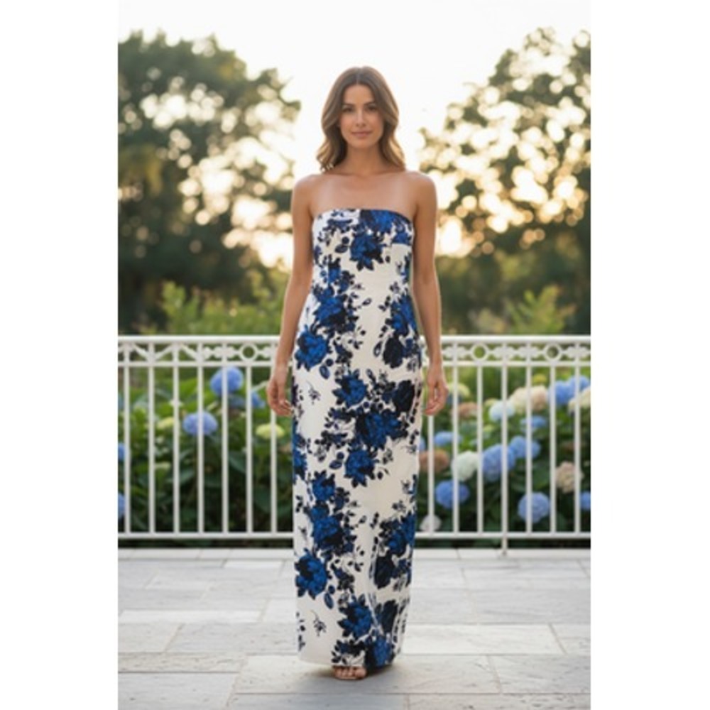 Emilia Wickstead Yulie Strapless Floral Long Maxi Dress White Blue Wedding Guest